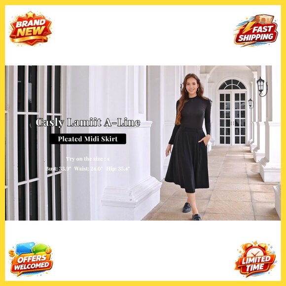 High Waisted Midi Skirt A-Line Pleated Elegant Business Casual Chic - Picture 7 of 8